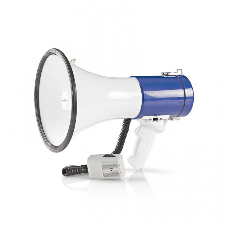Nedis Megaphone | Maximum range: 1500 m | Volume control: 120 dB | Detachable Microphone | Built-in siren | Shoulder strap | Blue / White Nedis Megaphone | Maximum range: 1500 m | Volume control: 120 dB | Detachable Microphone | Built-in siren | Shoulder strap | Blue / White