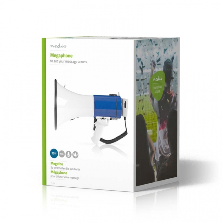 Nedis Megaphone | Maximum range: 1500 m | Volume control: 120 dB | Detachable Microphone | Built-in siren | Shoulder strap | Blue / White Nedis Megaphone | Maximum range: 1500 m | Volume control: 120 dB | Detachable Microphone | Built-in siren | Shoulder strap | Blue / White