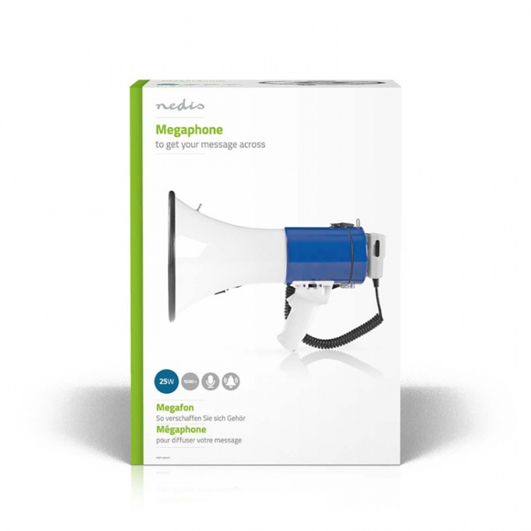 Nedis Megaphone | Maximum range: 1500 m | Volume control: 120 dB | Detachable Microphone | Built-in siren | Shoulder strap | Blue / White Nedis Megaphone | Maximum range: 1500 m | Volume control: 120 dB | Detachable Microphone | Built-in siren | Shoulder strap | Blue / White
