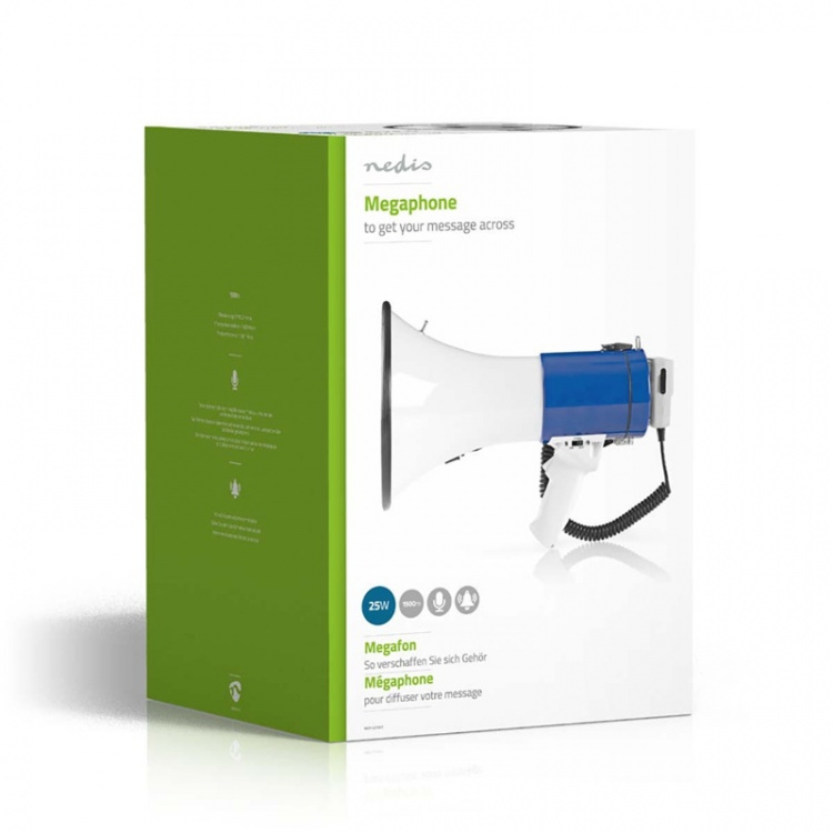 Nedis Megaphone | Maximum range: 1500 m | Volume control: 120 dB | Detachable Microphone | Built-in siren | Shoulder strap | Blue / White Nedis Megaphone | Maximum range: 1500 m | Volume control: 120 dB | Detachable Microphone | Built-in siren | Shoulder strap | Blue / White
