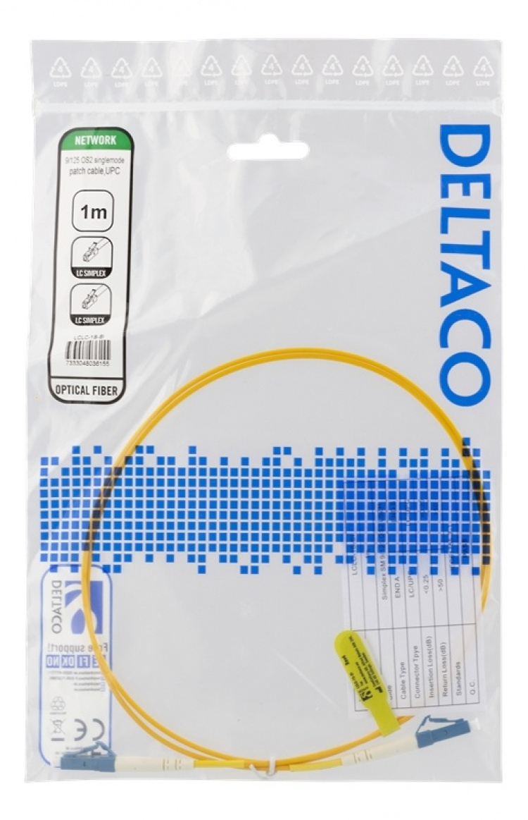 DELTACO OS2 fiber cable LC - LC, simplex, singlemode, UPC, 9/125, 1m DELTACO OS2 fiber cable LC - LC, simplex, singlemode, UPC, 9/125, 1m