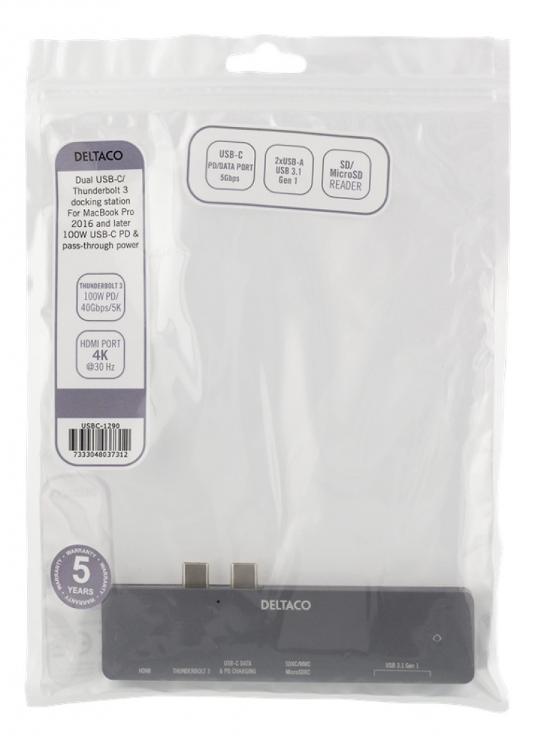 DELTACO Dual USB-C dock for MacBook Pro 2016, Thunderbolt 3, 100W USB-