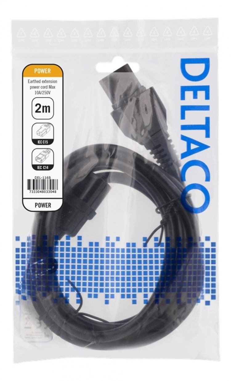 DELTACO 2m earthed cable IEC 6320 C15 - IEC 6320 C14, 250V/10A, black