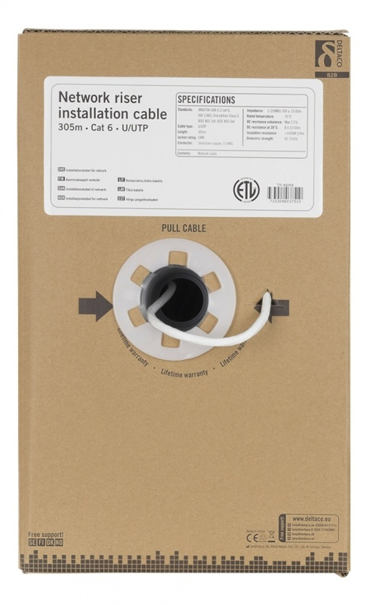 DELTACO U/UTP Cat6 installation riser cable, 305m box, 250MHz, Delta c