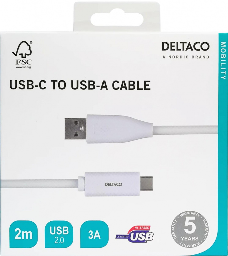 DELTACO USB-C to USB-A cable, 2m, 3A, USB 2.0, white