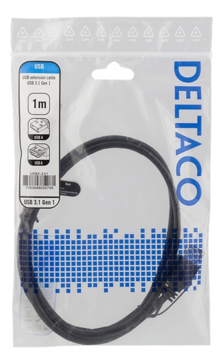 DELTACO USB 3.1 Gen1 Extension cable, 1m, USB-A male to USB-A female,
