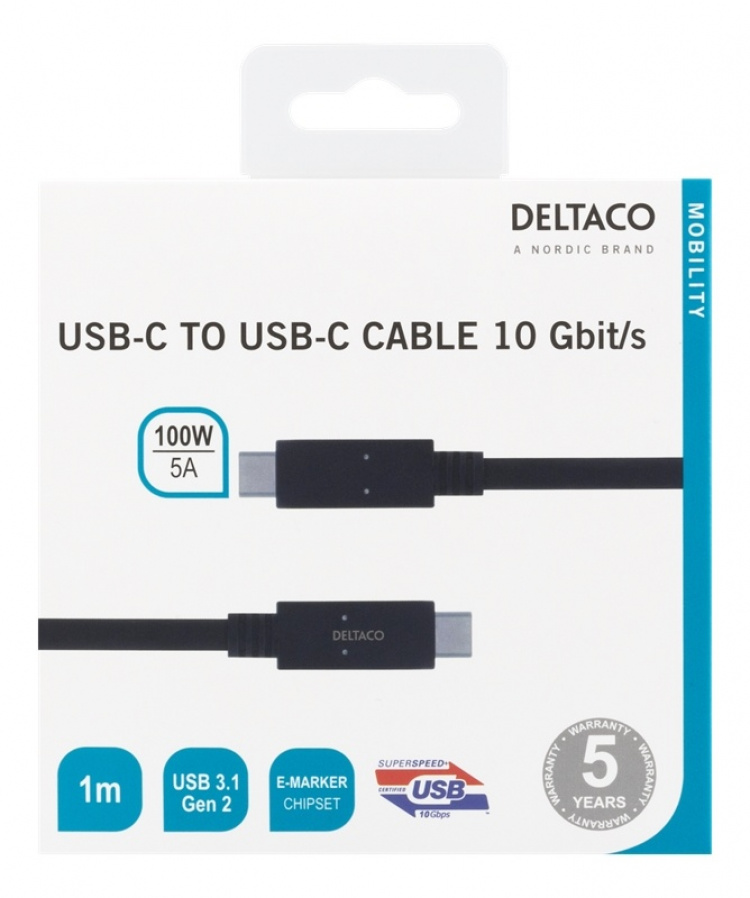DELTACO USB-C to USB-C cable, 1m, 10Gbps, 100W 5A, USB 3.1 Gen 2, E-Ma DELTACO USB-C to USB-C cable, 1m, 10Gbps, 100W 5A, USB 3.1 Gen 2, E-Ma