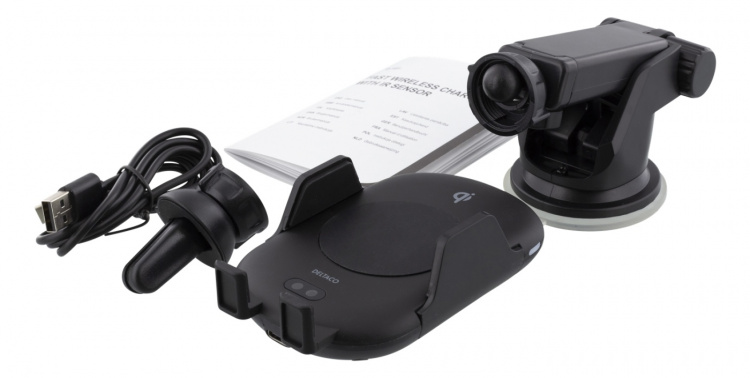 DELTACO wireless car charger, IR sensor, 10 W, suction cup, vent
