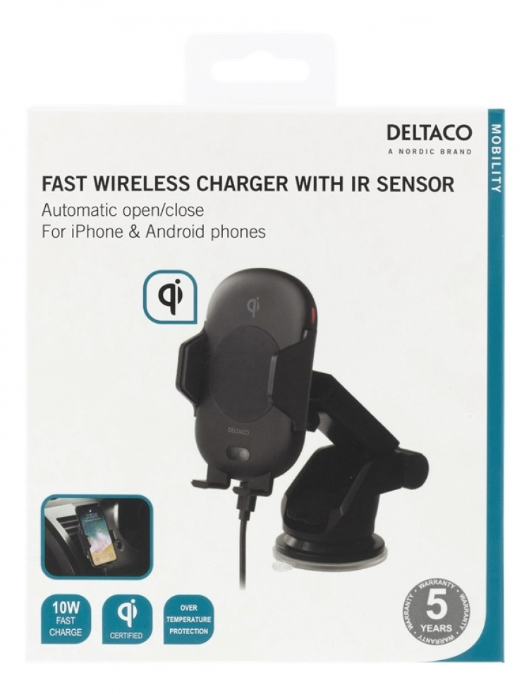DELTACO wireless car charger, IR sensor, 10 W, suction cup, vent