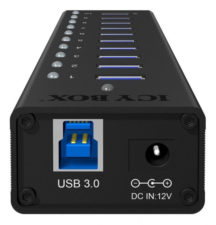 ICY BOX USB 3.0 Hub, 10 port, charging port, alu, w PSU