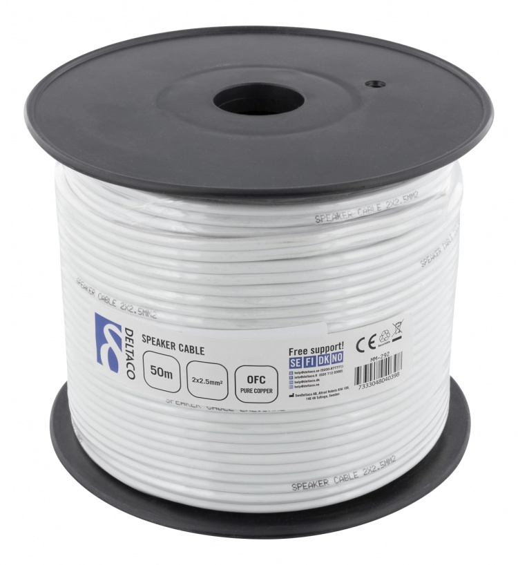 DELTACO speaker cable, 2x2,5mm2, open ends, pure copper, 50m, white DELTACO speaker cable, 2x2,5mm2, open ends, pure copper, 50m, white