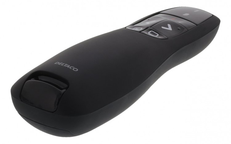 DELTACO trådlös presentatör med laserpekare, upp till 15m, svart DELTACO trådlös presentatör med laserpekare, upp till 15m, svart