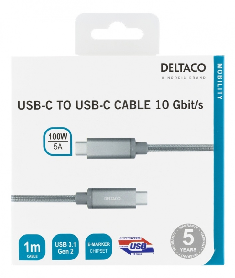 DELTACO USB-C SuperSpeed cable, 1m, braided, USB 3.1 Gen 2, 10 Gbps, 1