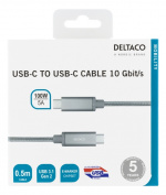 DELTACO USB-C SuperSpeed cable, 0.5m, braided, USB 3.1 Gen 2, 10 Gbps,
