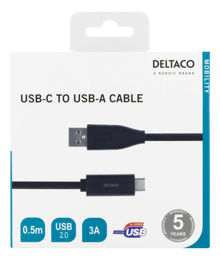 DELTACO USB-C to USB-A cable, 0.5m, 3A, USB 2.0, black