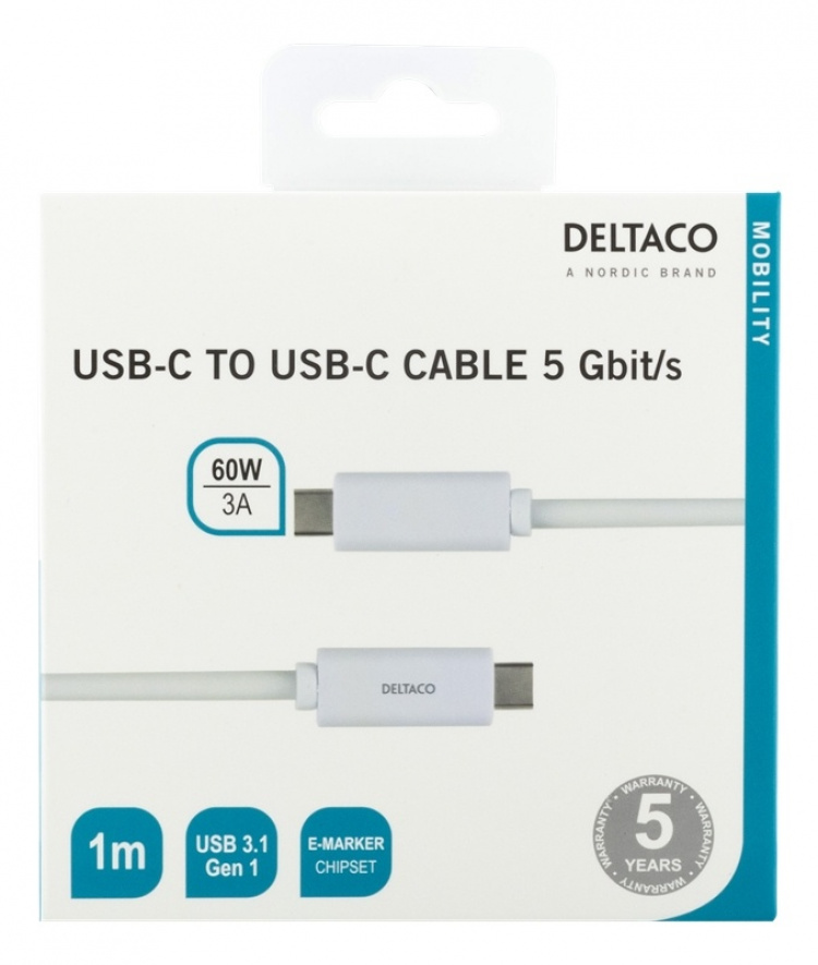 DELTACO USB-C to USB-C cable, 1m, 1.5A, , USB 3.1 Gen, E-Marker, white