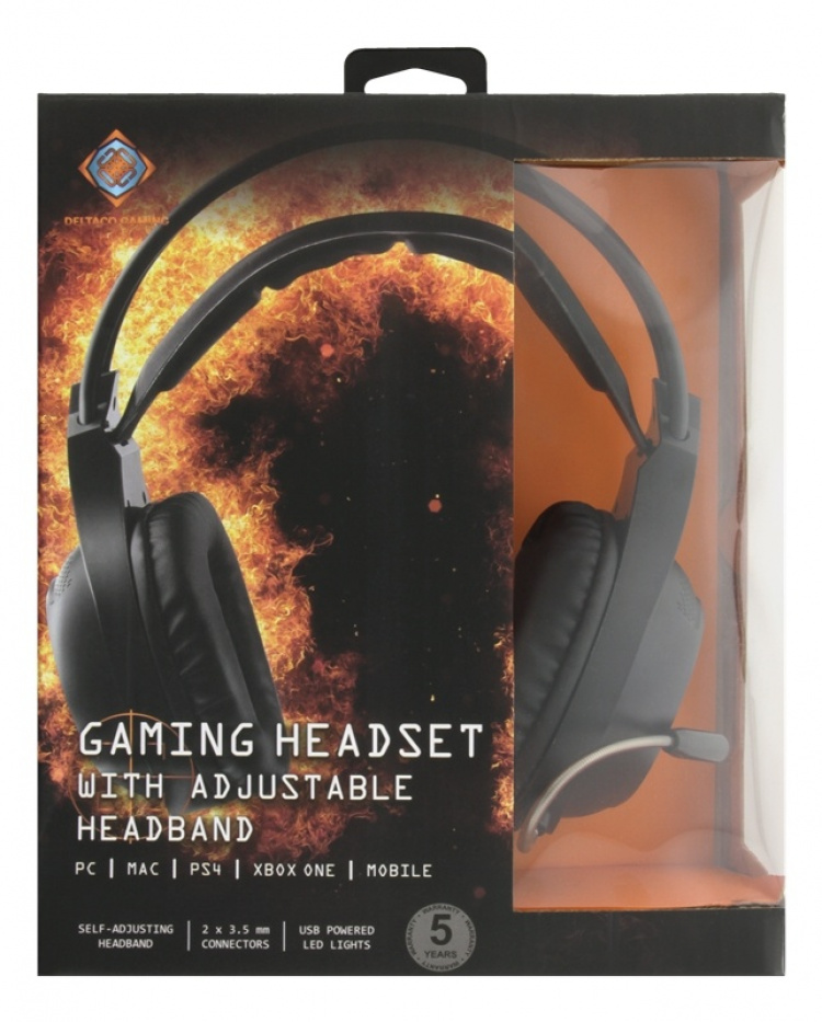 DELTACO GAMING Stereo headset, 2 x 3.5 mm, LED, 2 m cable, black