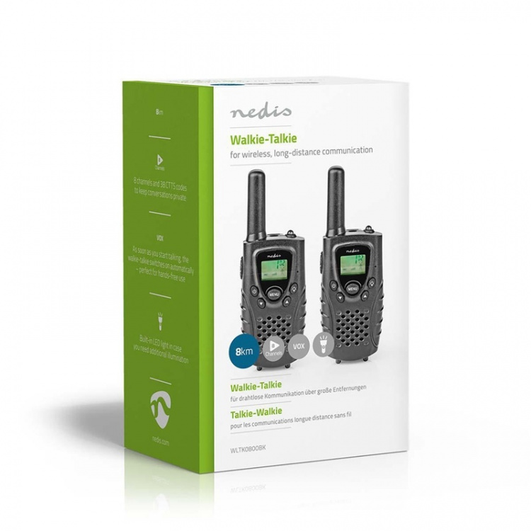 Nedis Walkie-Talkie Set | 2 Handsets | 8000 m | Number of frequency channels: 8 | PTT / VOX | 150 min | Headphone output | Black