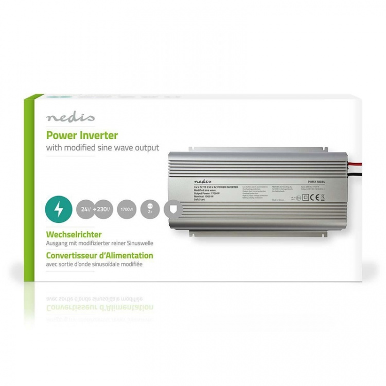 Nedis Power Inverter Modified Sine Wave | Input voltage: 24 V DC | Device power output connection(s): Type F (CEE 7/3) | 230 V AC 50 Hz | 1700 W | Peak power output: 3000 W | Screw Terminal | Silver