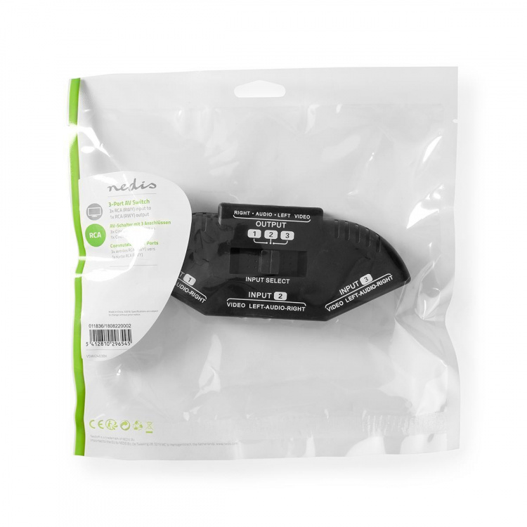 Nedis Composite Video Switch | 3 port(s) | Audio / video / data connections input: 3x Composite Video (RWY) | Audio / video / data connections output: 1x Composite Video (RWY) | 1024x576 | ABS | Black Nedis Composite Video Switch | 3 port(s) | Audio / video / data connections input: 3x Composite Video (RWY) | Audio / video / data connections output: 1x Composite Video (RWY) | 1024x576 | ABS | Black