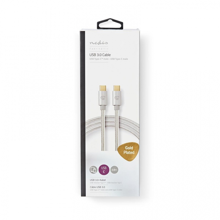 Nedis USB Cable | USB 3.2 Gen 1 | USB-C™ Male | USB-C™ Male | 60 W | 4K@60Hz | 5 Gbps | Gold Plated | 2.00 m | Round | Braided / Nylon | Aluminium | Cover Window Box