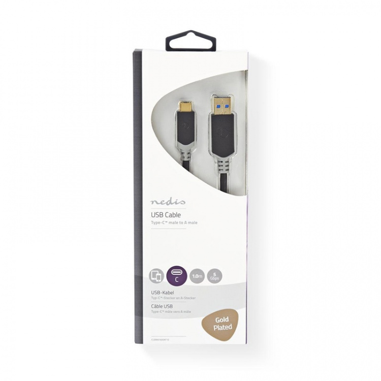 Nedis USB Cable | USB 3.2 Gen 1 | USB-A Male | USB-C™ Male | 60 W | 5 Gbps | Gold Plated | 1.00 m | Round | PVC | Anthracite | Window Box