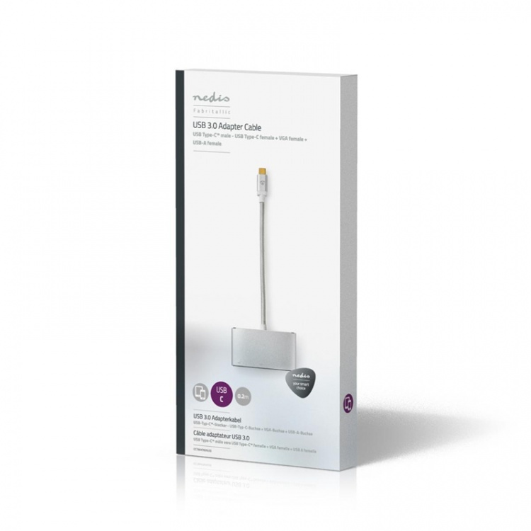 Nedis USB Adapter | USB 3.1 | USB-C™ Male | USB-A Female / USB-C™ Female / VGA Female | 5 Gbps | 0.20 m | Round | Gold Plated | Braided / Nylon | Silver | Cover Window Box Nedis USB Adapter | USB 3.1 | USB-C™ Male | USB-A Female / USB-C™ Female / VGA Female | 5 Gbps | 0.20 m | Round | Gold Plated | Braided / Nylon | Silver | Cover Window Box