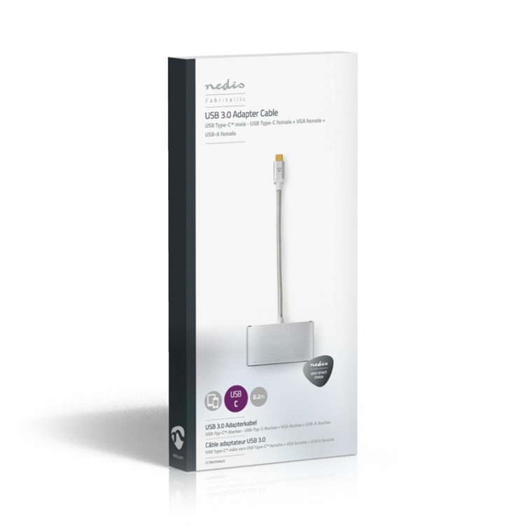 Nedis USB Adapter | USB 3.1 | USB-C™ Male | USB-A Female / USB-C™ Female / VGA Female | 5 Gbps | 0.20 m | Round | Gold Plated | Braided / Nylon | Silver | Cover Window Box Nedis USB Adapter | USB 3.1 | USB-C™ Male | USB-A Female / USB-C™ Female / VGA Female | 5 Gbps | 0.20 m | Round | Gold Plated | Braided / Nylon | Silver | Cover Window Box