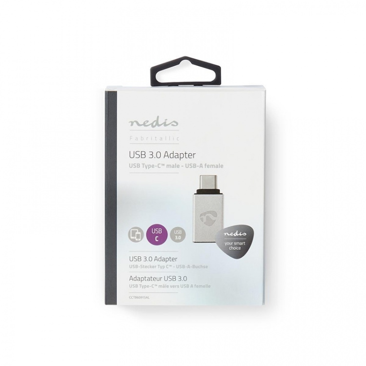 Nedis USB Adapter | USB 3.2 Gen 1 | USB-C™ Male | USB-A Female | 5 Gbps | Nickel Plated | Silver | Cover Window Box