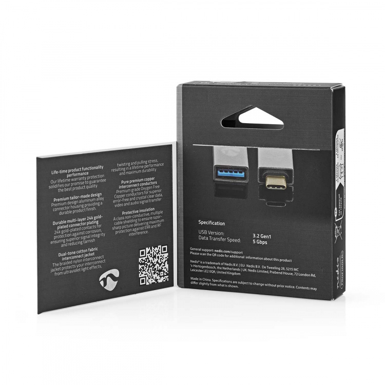 Nedis USB Adapter | USB 3.2 Gen 1 | USB-C™ Male | USB-A Female | 5 Gbps | Nickel Plated | Silver | Cover Window Box