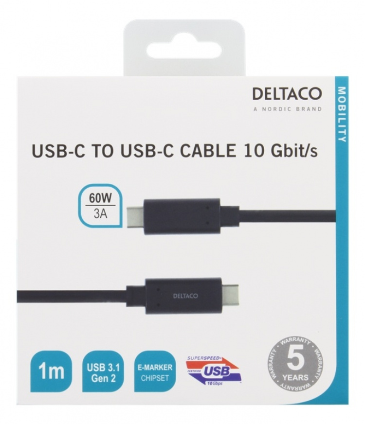 DELTACO USBC 3.1 GEN2 10Gbps/3A/E-marker 1m