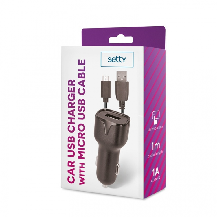 Setty Car charger USB socket with micro-USB cable 1 m, 1A, Black