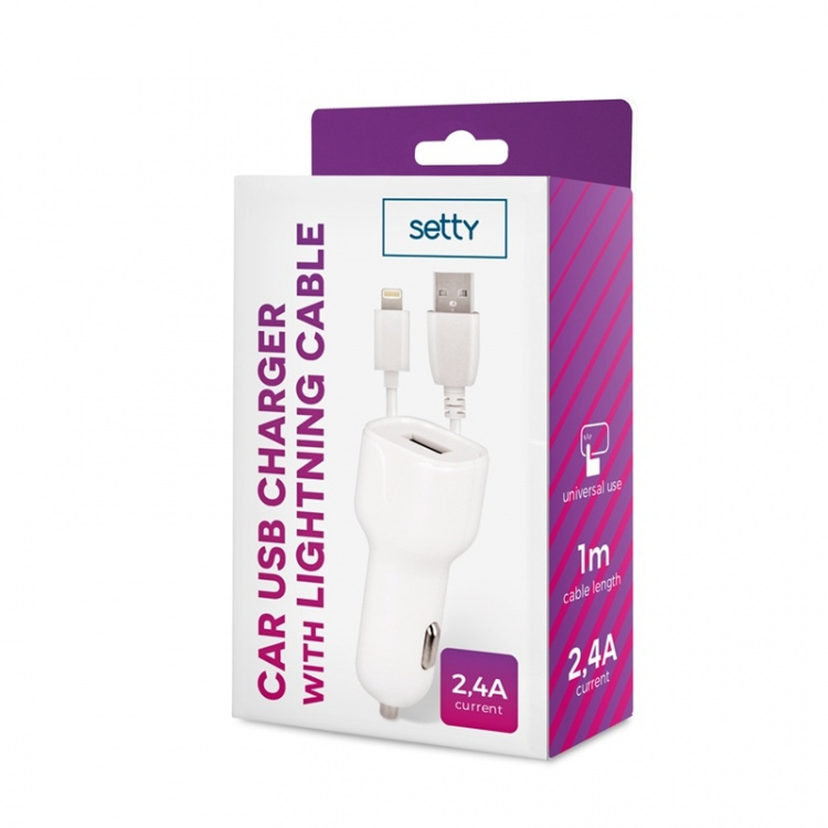 Setty Car Charger USB Socket with Lightning Cable 1m, 2.4A, White