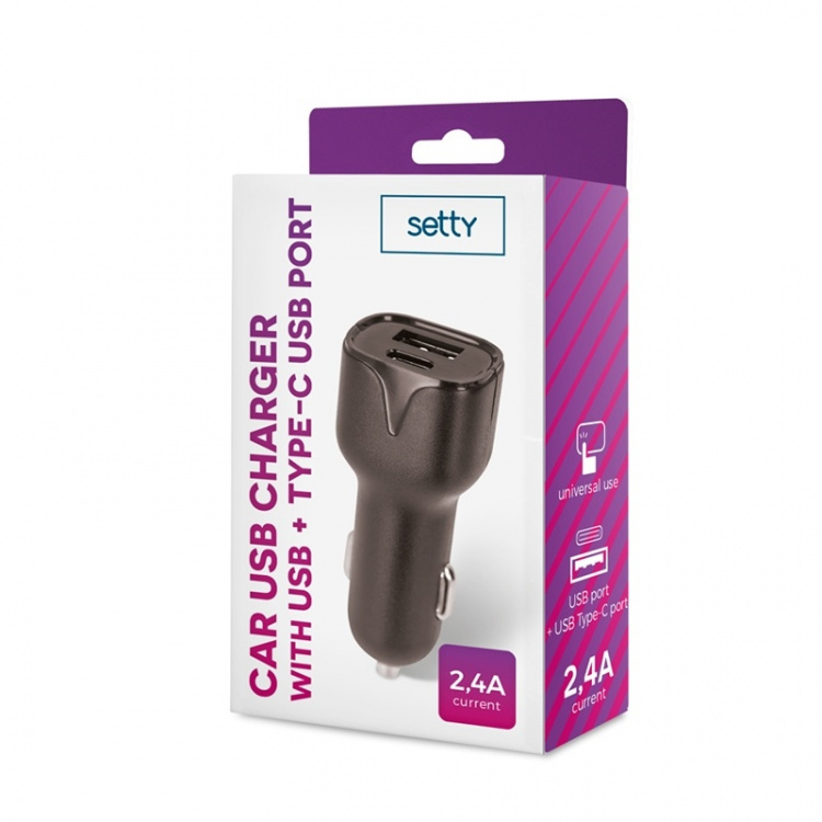 Setty Car charger USB and Type-C socket, 2.4A, Black
