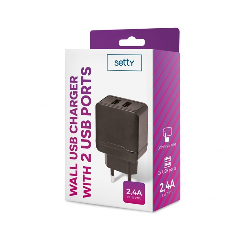 Setty 2 x USB Väggladdare 2.4A, Svart