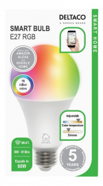 DELTACO SMART HOME RGB LED light, E27, WiFI, 9W, 16m colors, white