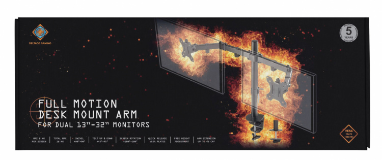 Deltaco Gaming Dual monitor desk mount, 13