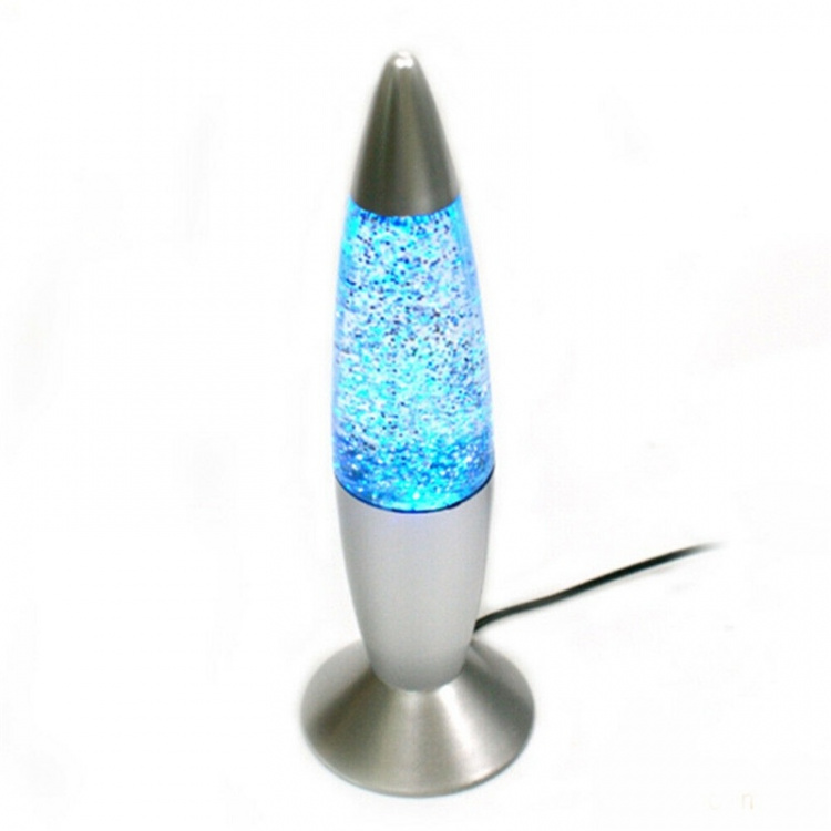 Lava lamp with glitter, lights up in several different colors.