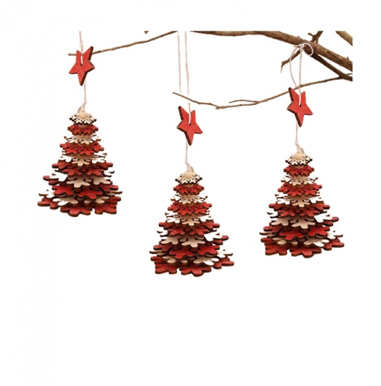 Christmas tree with wooden star, Red Christmas tree with wooden star, Red