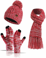 Knitted set with beanie, scarf, and touchscreen gloves, Red. Knitted set with beanie, scarf, and touchscreen gloves, Red.