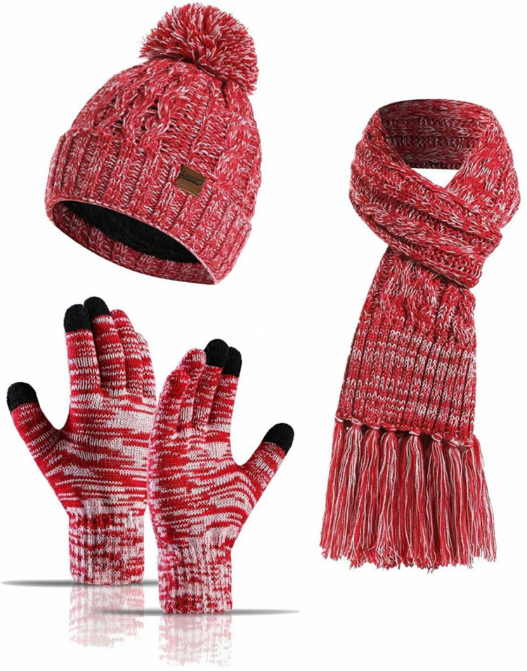 Knitted set with beanie, scarf, and touchscreen gloves, Red. Knitted set with beanie, scarf, and touchscreen gloves, Red.