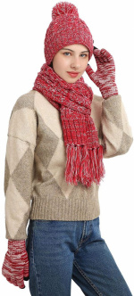 Knitted set with beanie, scarf, and touchscreen gloves, Red. Knitted set with beanie, scarf, and touchscreen gloves, Red.
