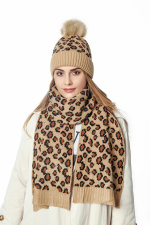 Matching hat and scarf with leopard print.