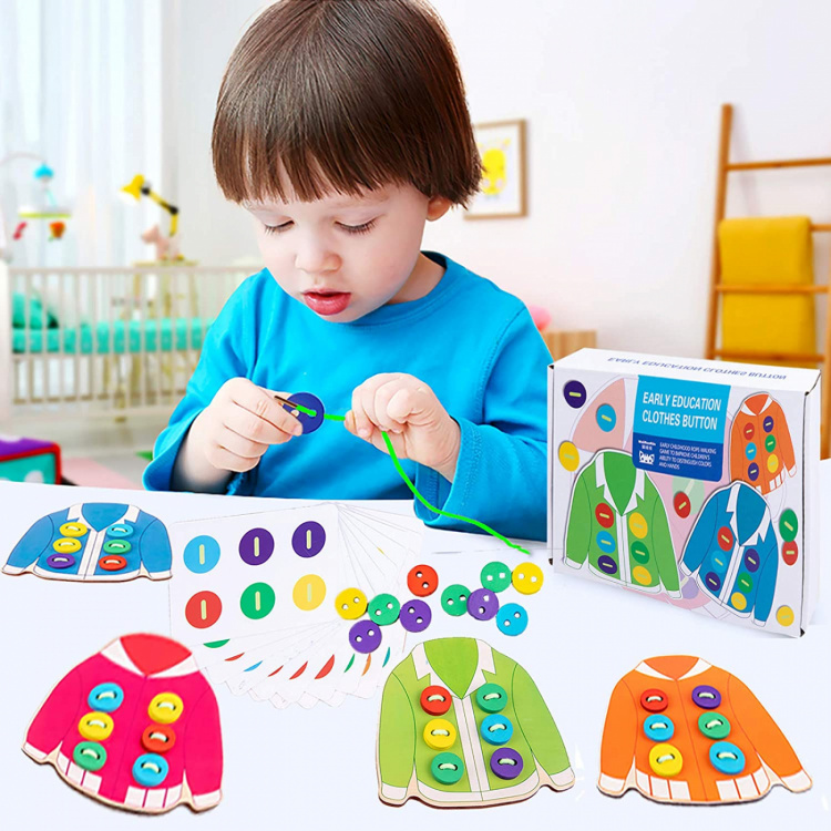Wooden buttons on a sweater - educational game for toddlers Wooden buttons on a sweater - educational game for toddlers