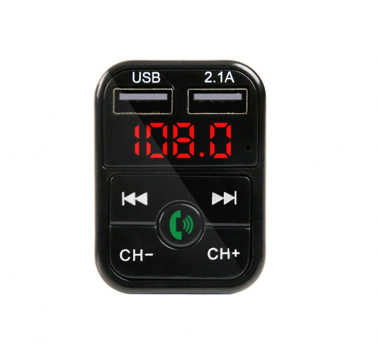 2-in-1 FM transmitter with dual USB ports, display, and buttons, Black. 2-in-1 FM transmitter with dual USB ports, display, and buttons, Black.