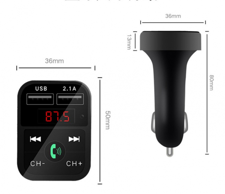 2-in-1 FM transmitter with dual USB ports, display, and buttons, Black. 2-in-1 FM transmitter with dual USB ports, display, and buttons, Black.