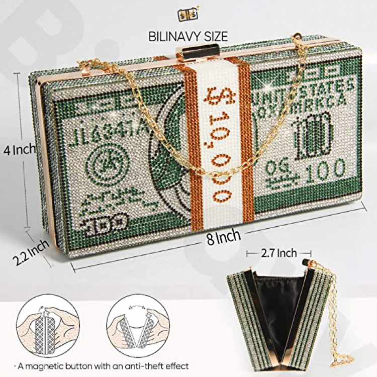 Funny handbag with a bundle of dollar bills and a magnetic lock, Green. Funny handbag with a bundle of dollar bills and a magnetic lock, Green.
