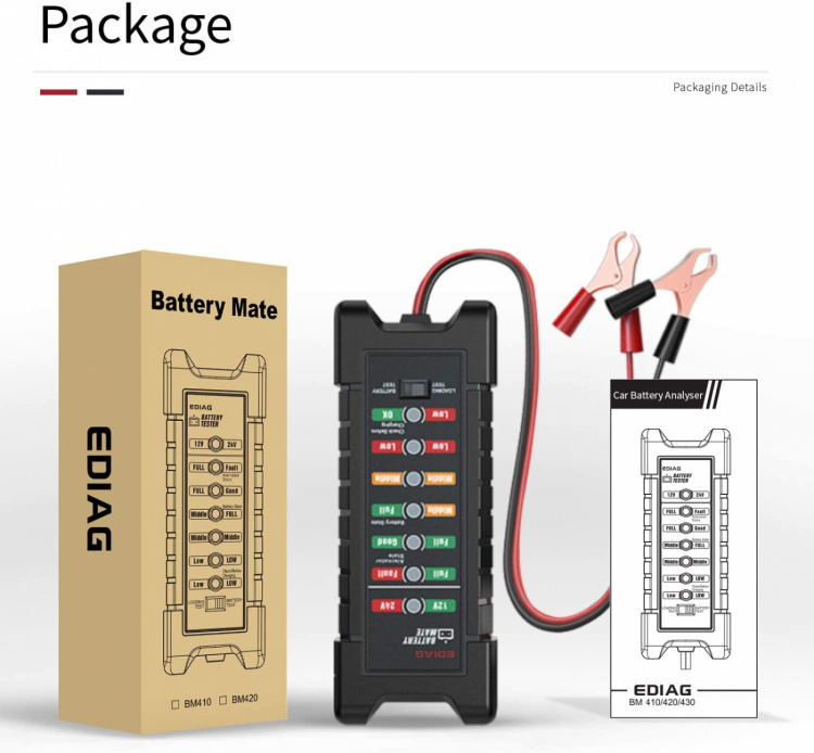 Battery tester for vehicles with LED display, 12V/10mA, 24V/30mA Battery tester for vehicles with LED display, 12V/10mA, 24V/30mA