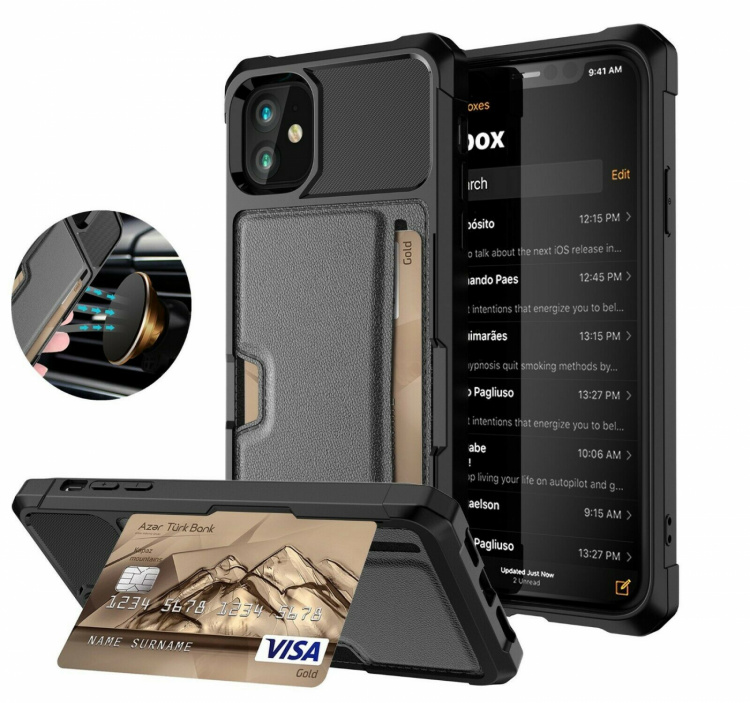 Shockproof case for iPhone 13 Pro with card holder, Black