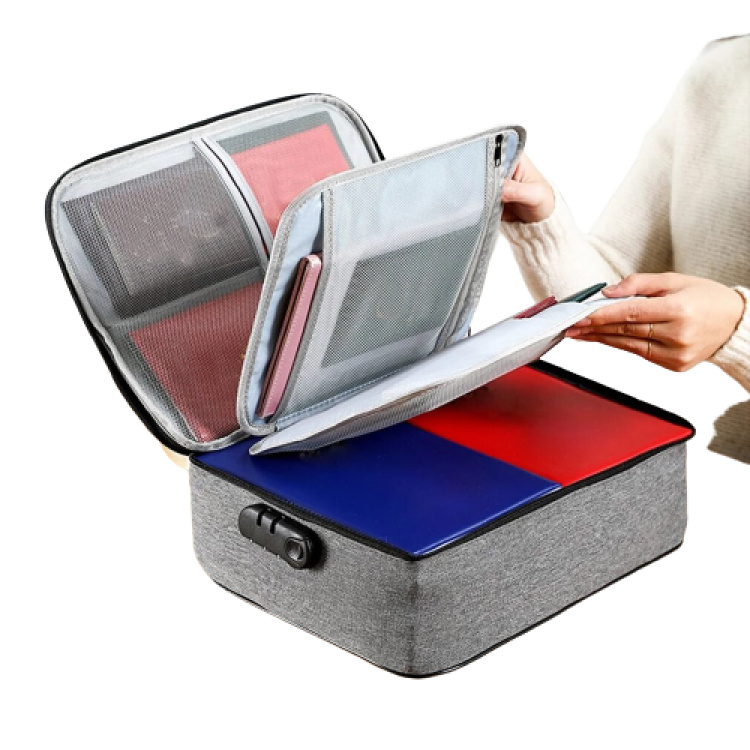 Multi-layer document storage case, gray. Multi-layer document storage case, gray.